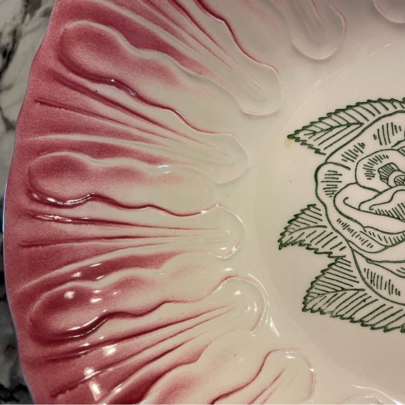 Vtg Art Deco Scio Pottery Vegetable Serving Bowl Hairpin Pink Green Rose - Picture 3 of 4